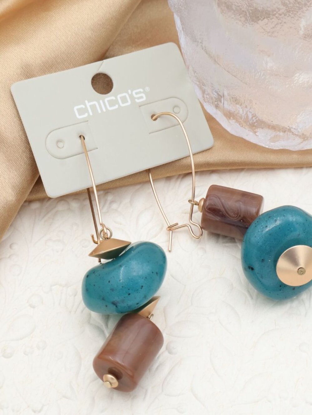 Chico's Blue Brown Bead Asymmetrical Dangle Earrings